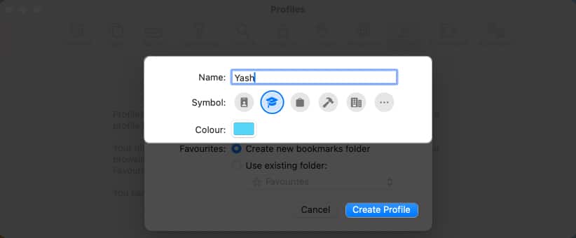 Select name, symbol, and color for Safari profile