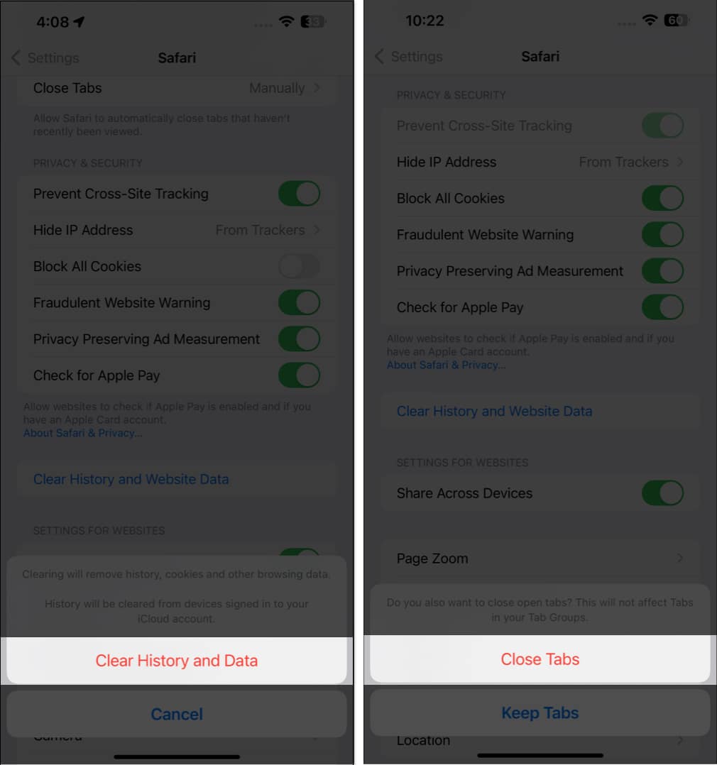 Clear history-and data-close tabs in the settings app