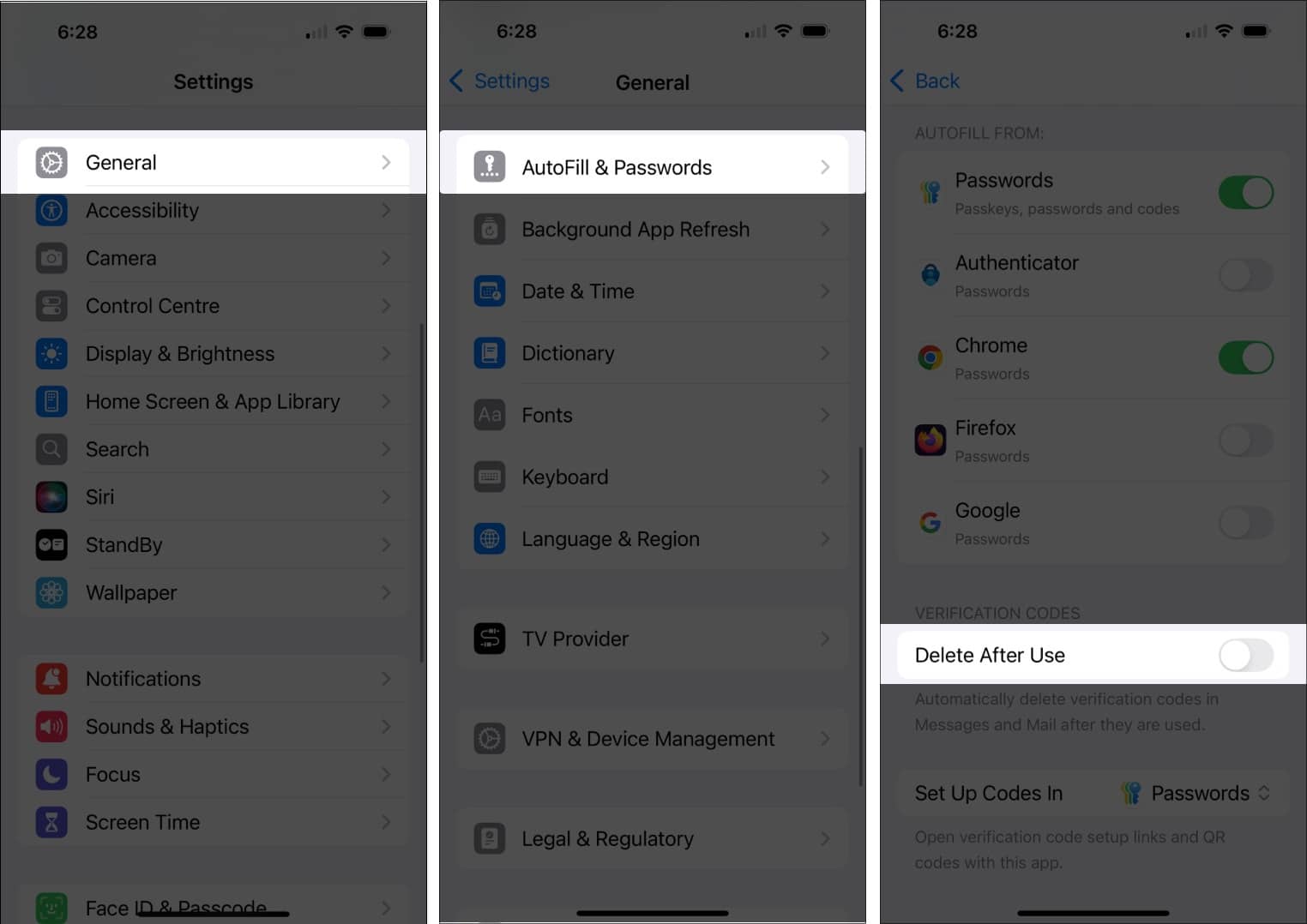Enable Delete After Use toggle in AutoFill and Passwords settings on iPhone