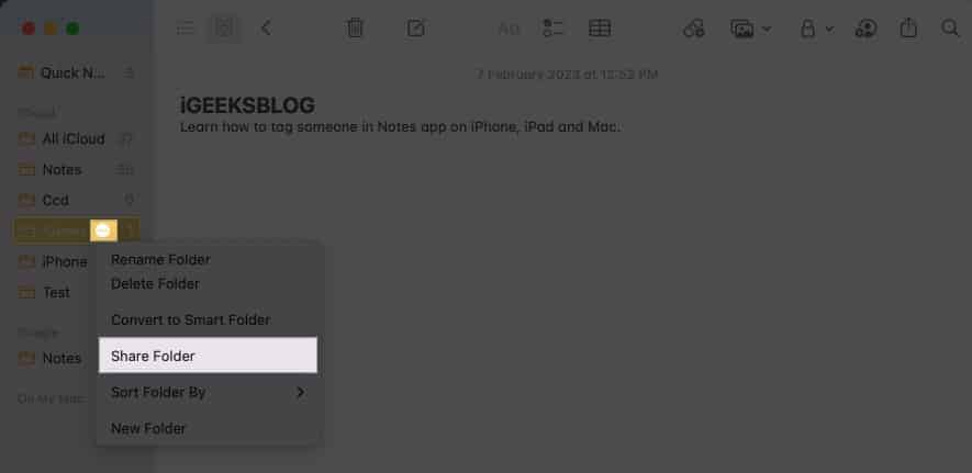 Share desired folder in Notes app on Mac
