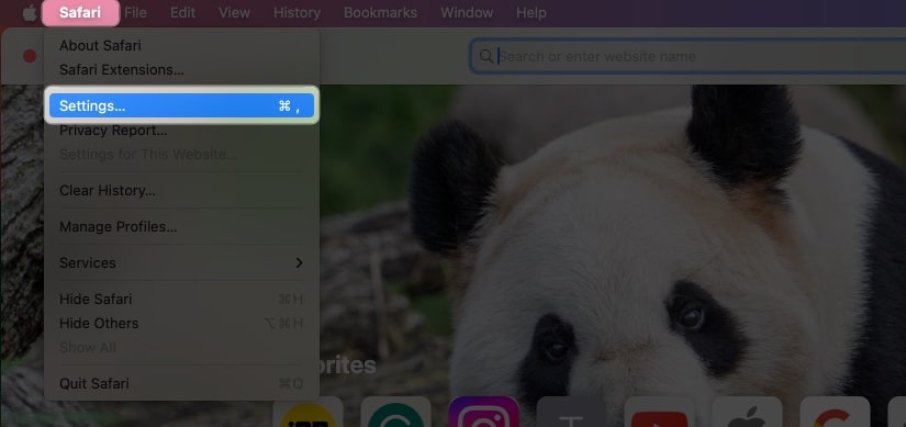 Click Safari in menu bar and choose Settings