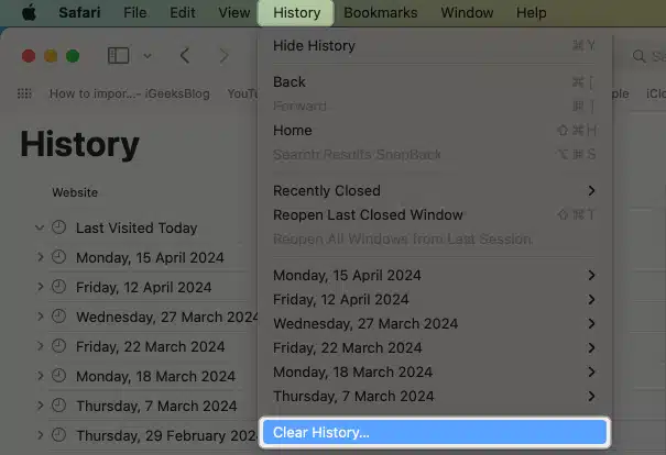 Open Safari tap on History at top menu bar select Clear History