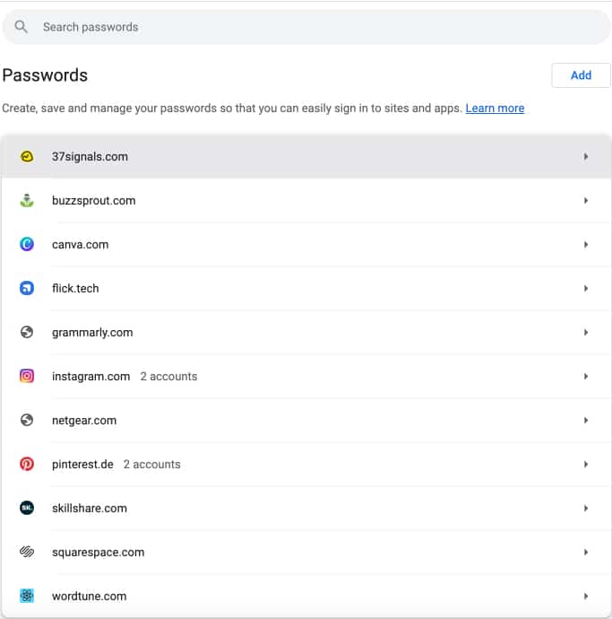 Password manager interface in Google Password manager
