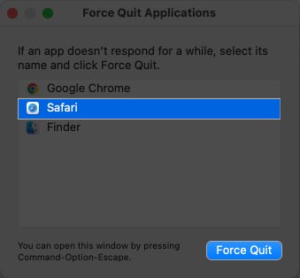 Select Safari Force Quit
