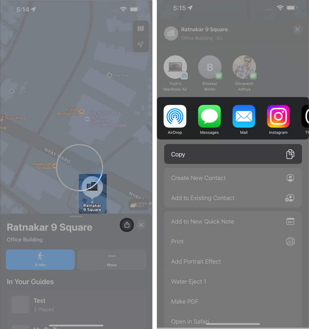 Select a location tap Share in Apple Maps