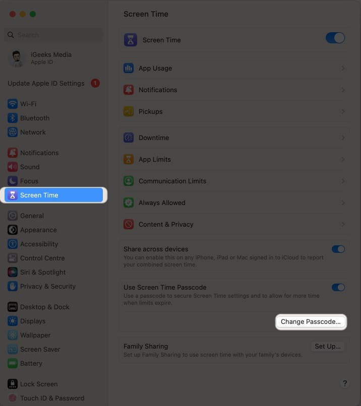 Access screen time, click change passcode in settings app