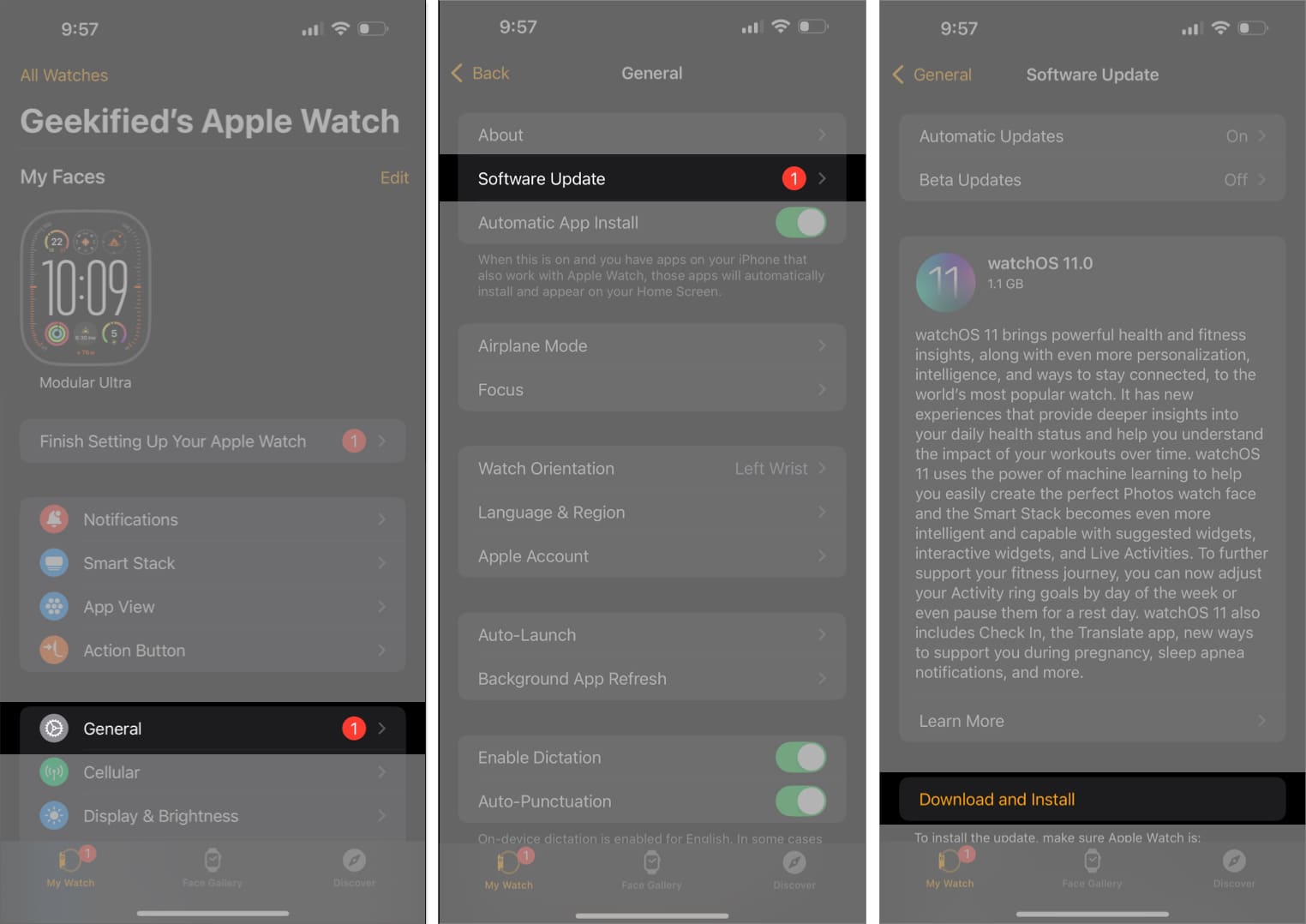 Tap on Download and Install in Software update settings in Watch app