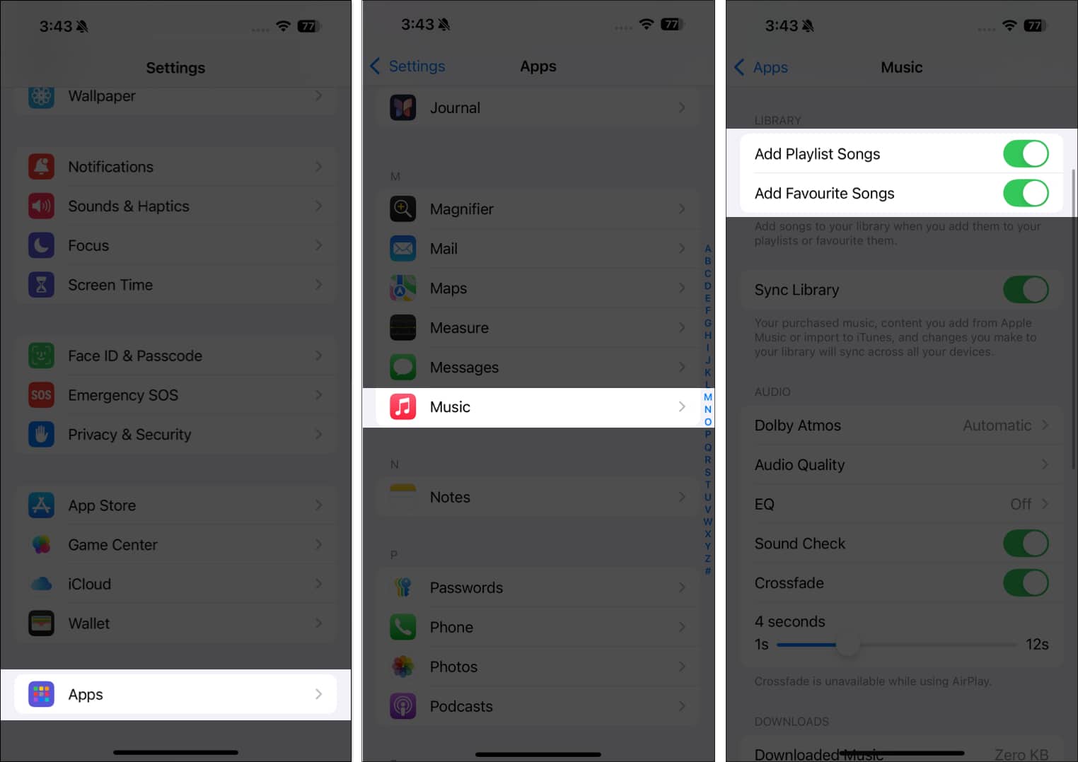 Enable Add Playlist Songs and Add Favorite Songs in Music app settings