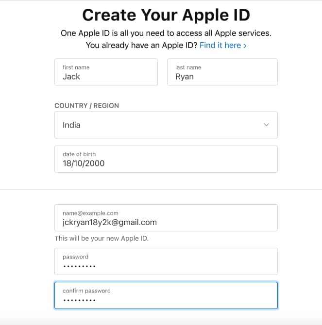 Fill in your details as prompted in web Apple ID