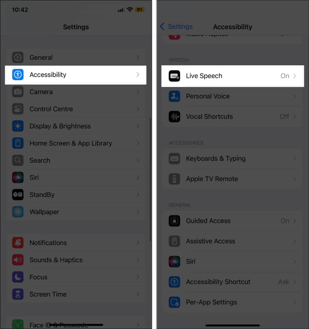 Select Live Speech in Accessibility settings on iPhone