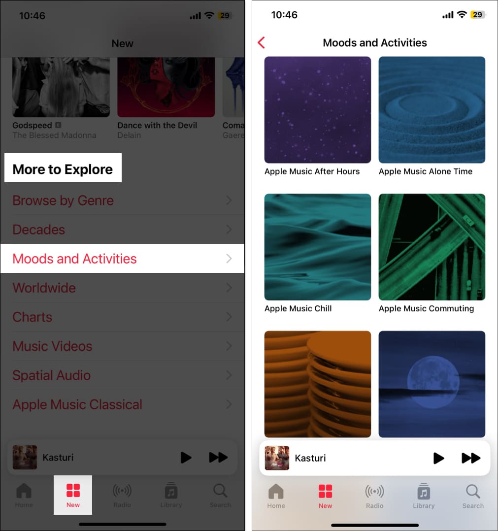 Select Moods and Activities in explore section in New tab on Apple Music