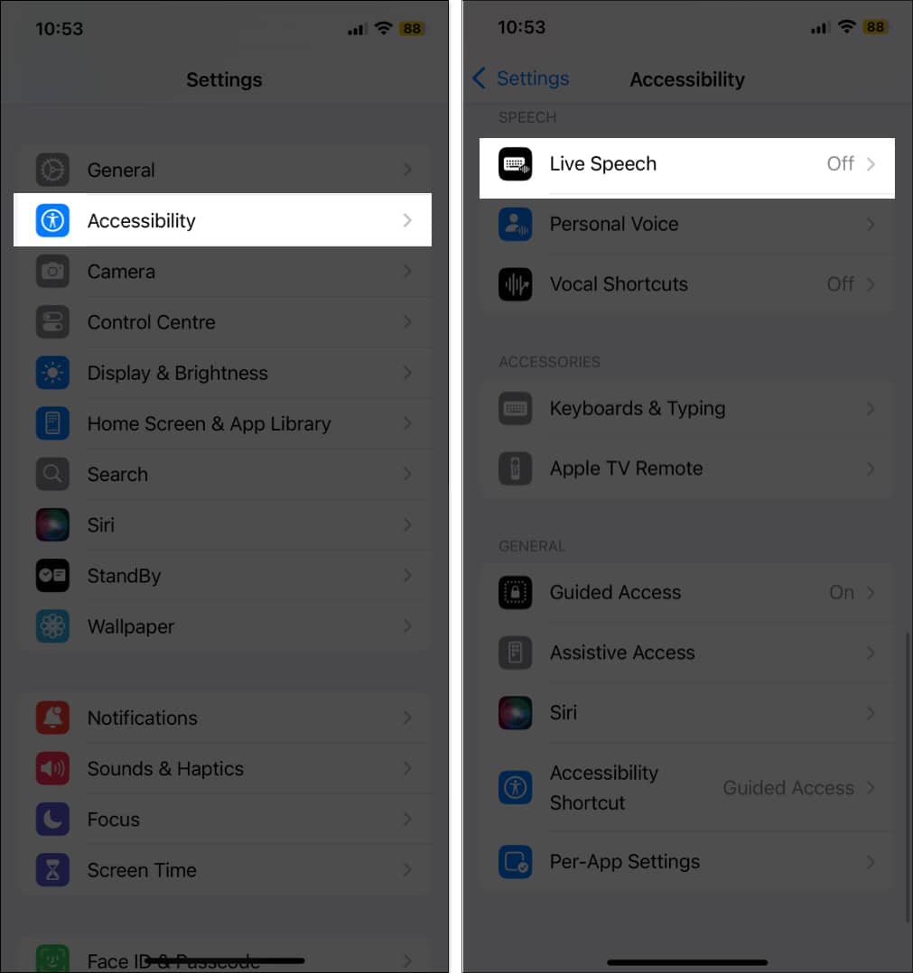 Tap on Live Speech in Accessibility settings