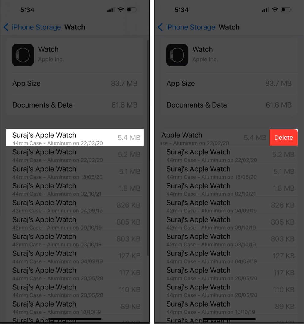 Choose desired Apple Watch backup and Delete