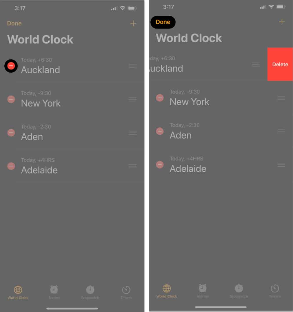 Delete World Clocks with - icon on Apple Watch