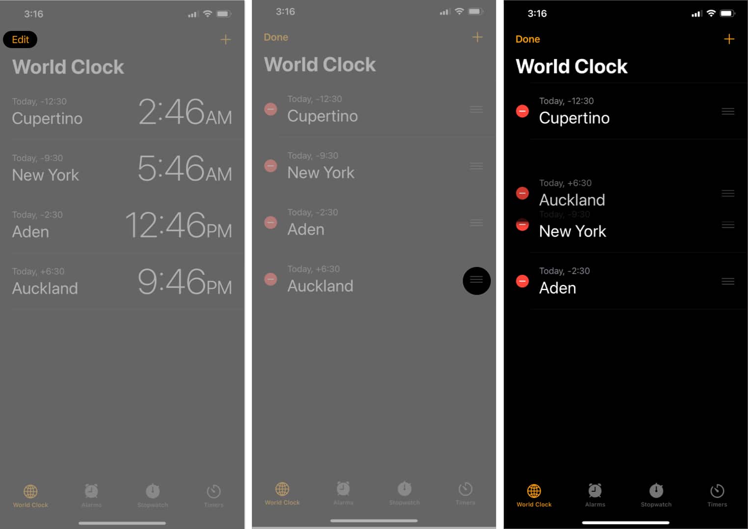 Edit and Rearrange World Clock with three-layered sandwich icon