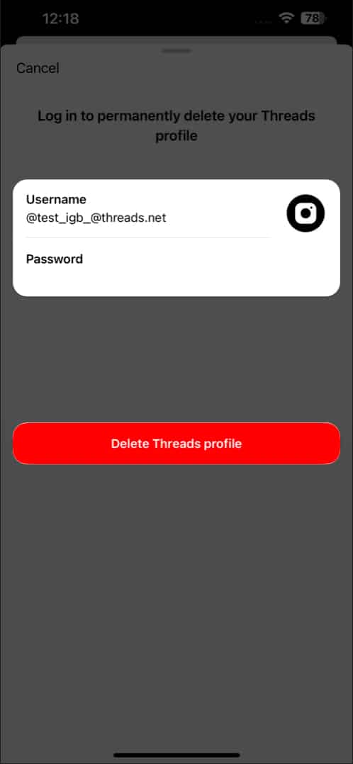 Enter password to Delete Threads profile