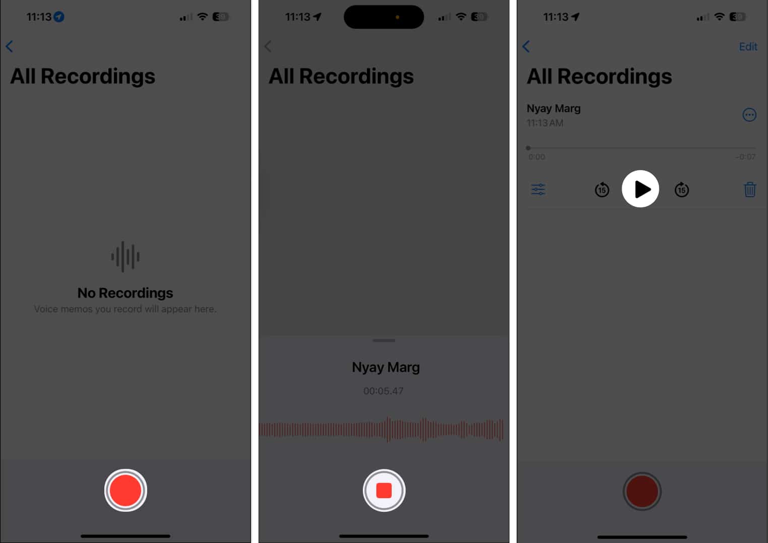 Play recorded audio from Voice Memos