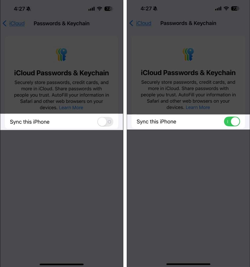 Växla på synkronisering av denna iPhone för iCloud -lösenord och nyckelring