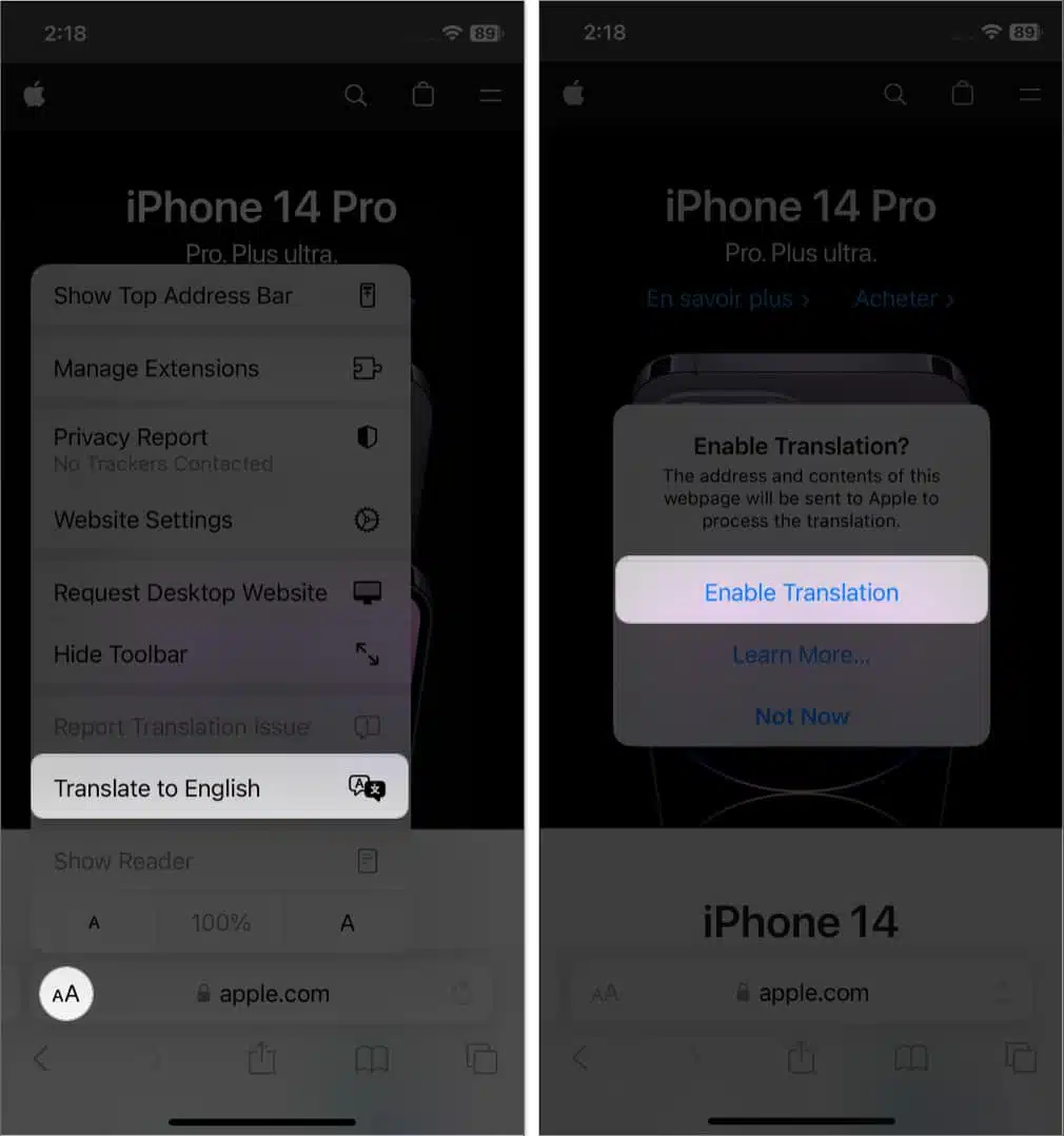 tap aa icon select translate language tap enable translation in safari