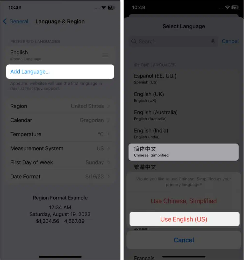 tap add language select a language tap use system language in settings