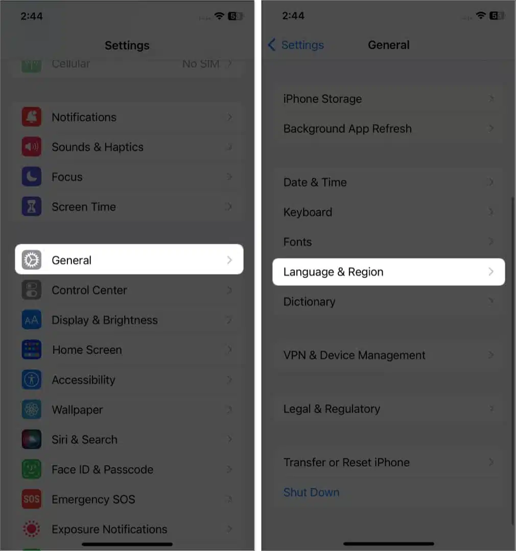 tap general language and region in settings