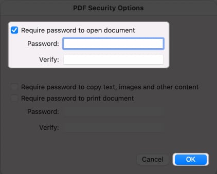 Check Require password to open document and open document