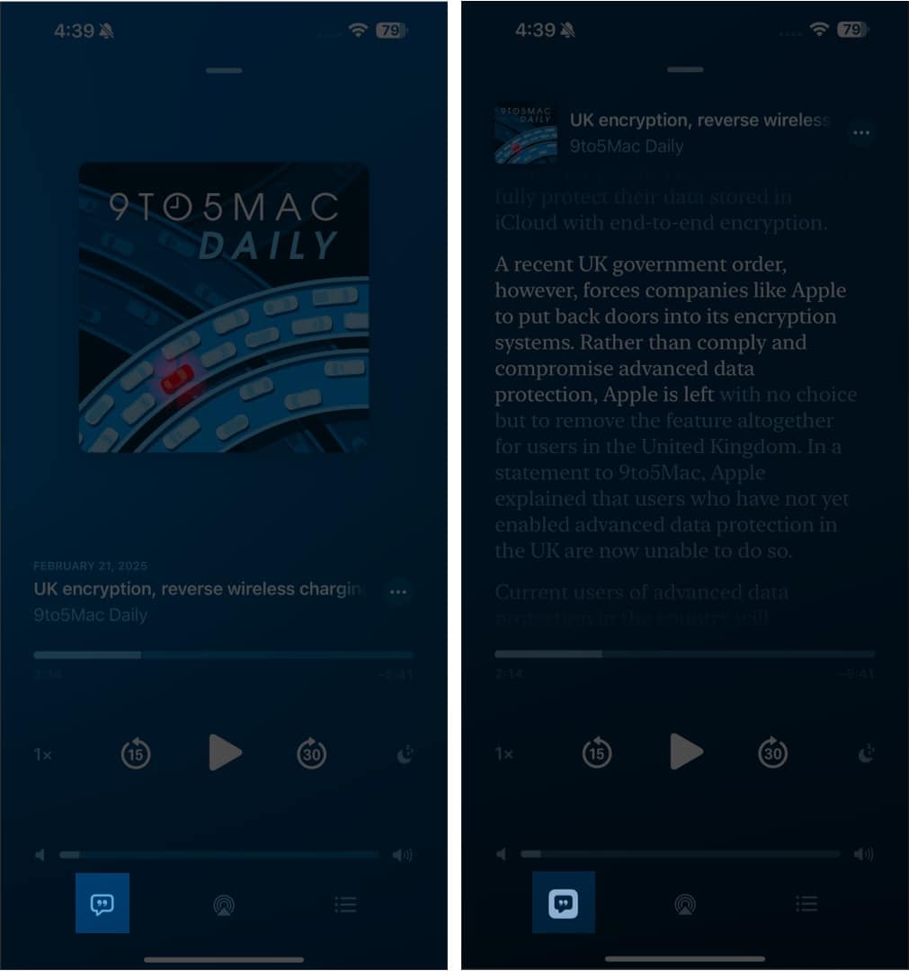 Podcasts app showing transcript icon to share specific podcast moments