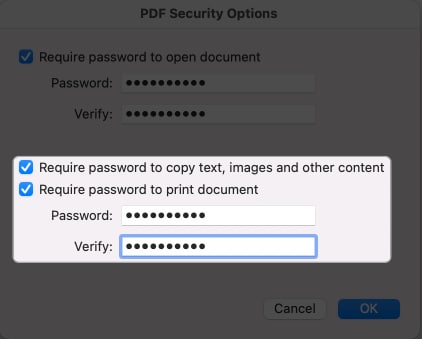 Select the Security Permission to the PDF file