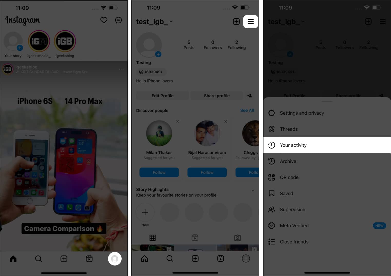Tap your profile hamburger icon your activity in instagram