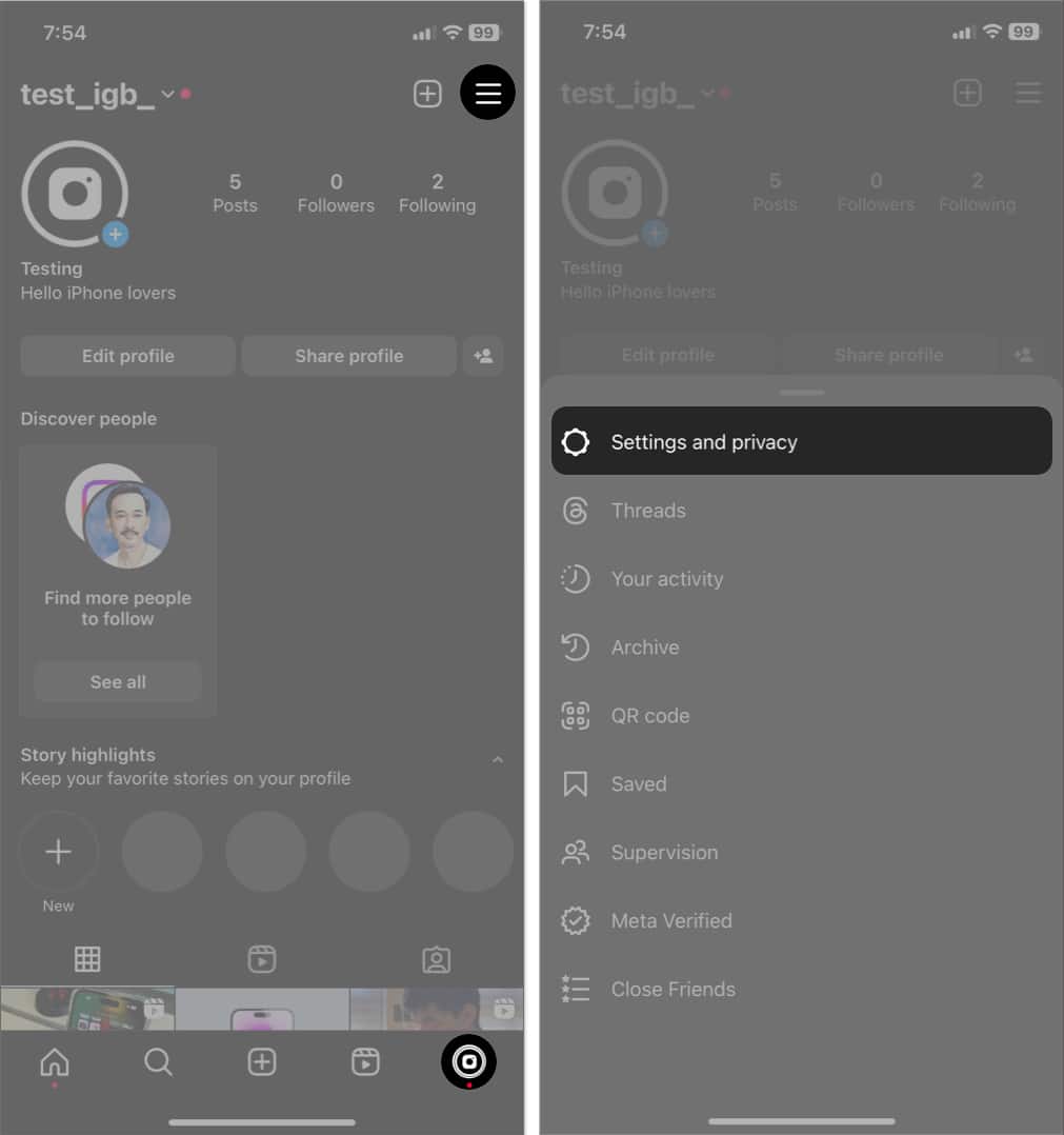 Settings and privacy on Instagram profile