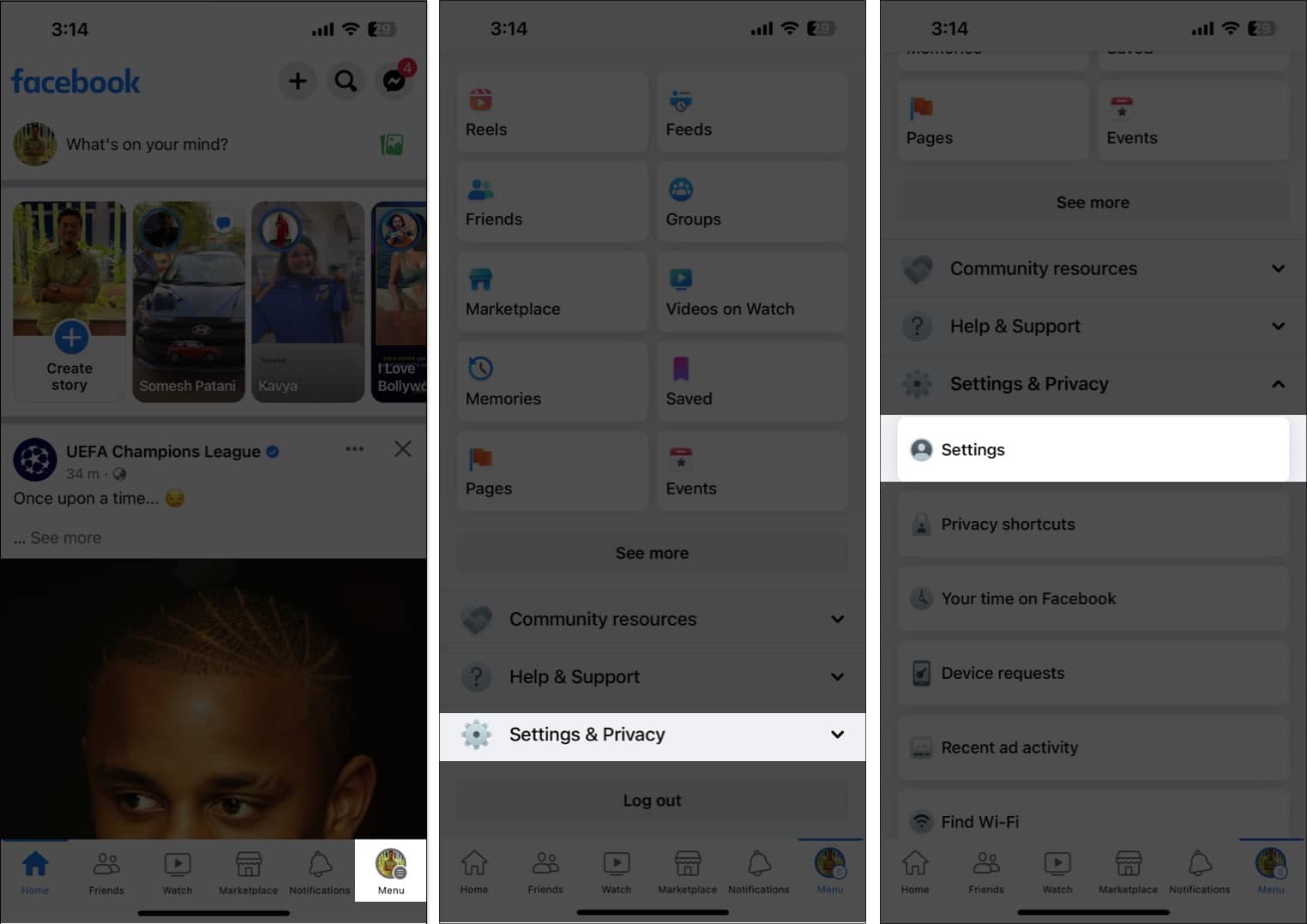 Tap menu settings privacy settings in the facebook app