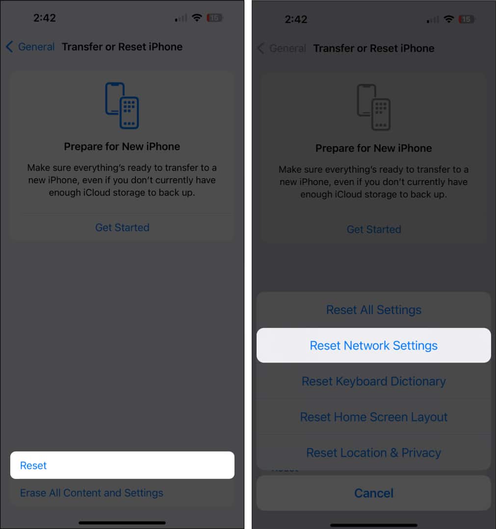 Reset Network Settings option in iPhone Settings.
