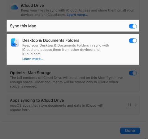 Toggle on Sync this Mac and Desktop Documents Folders