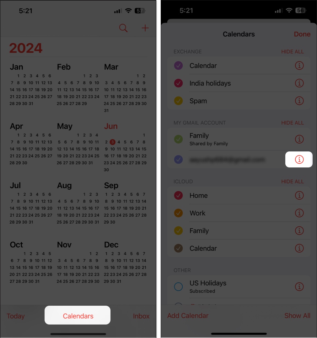 Select third-party calendar in Calendars settings on iPhone