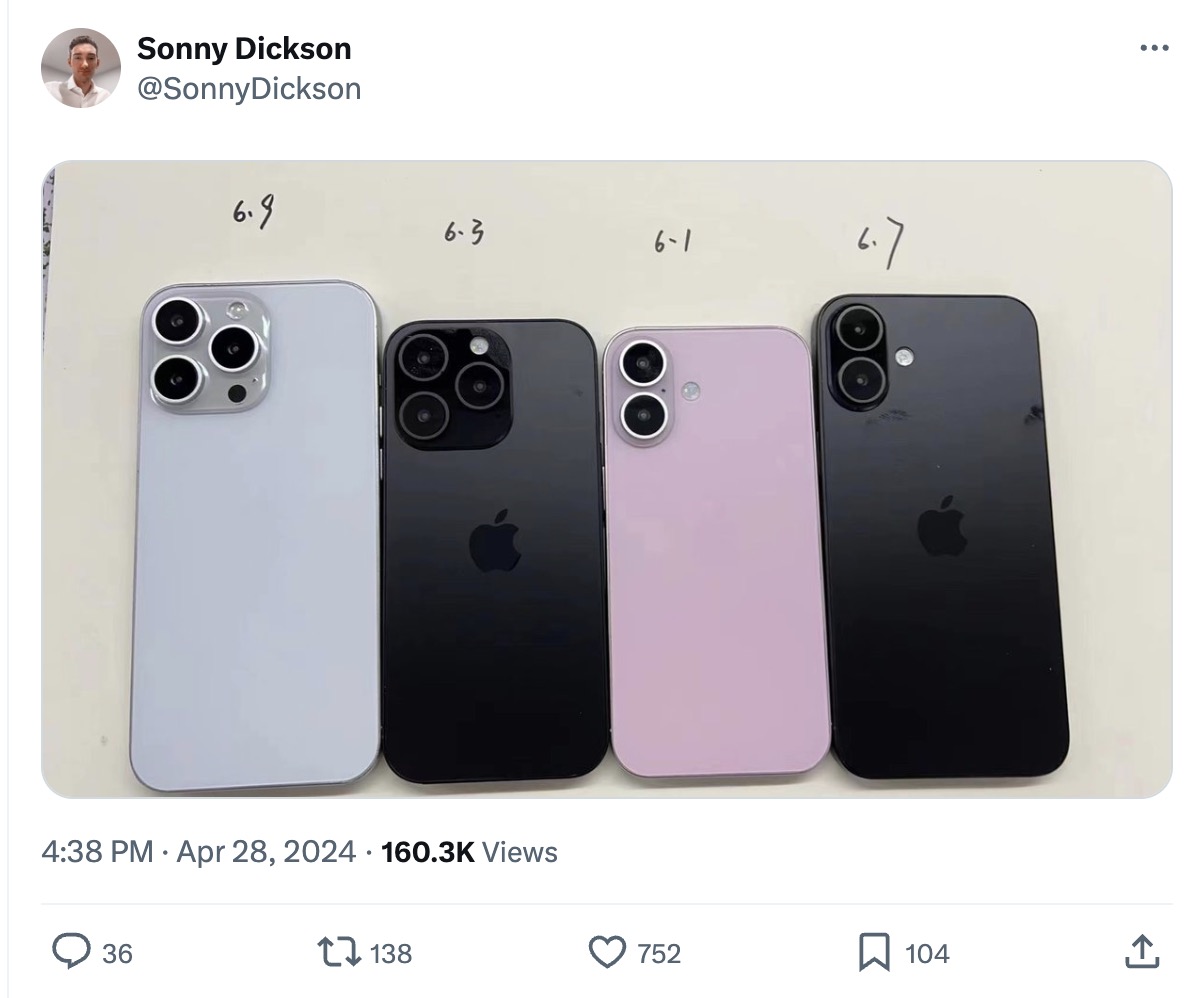 Sonny Dickson tweet mentioning iPhone 16 size