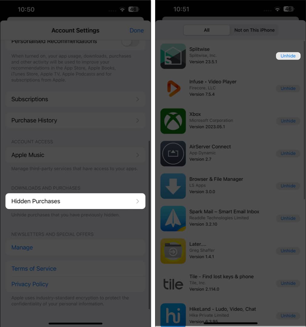 Tap hidden purchases Unhide in App Store