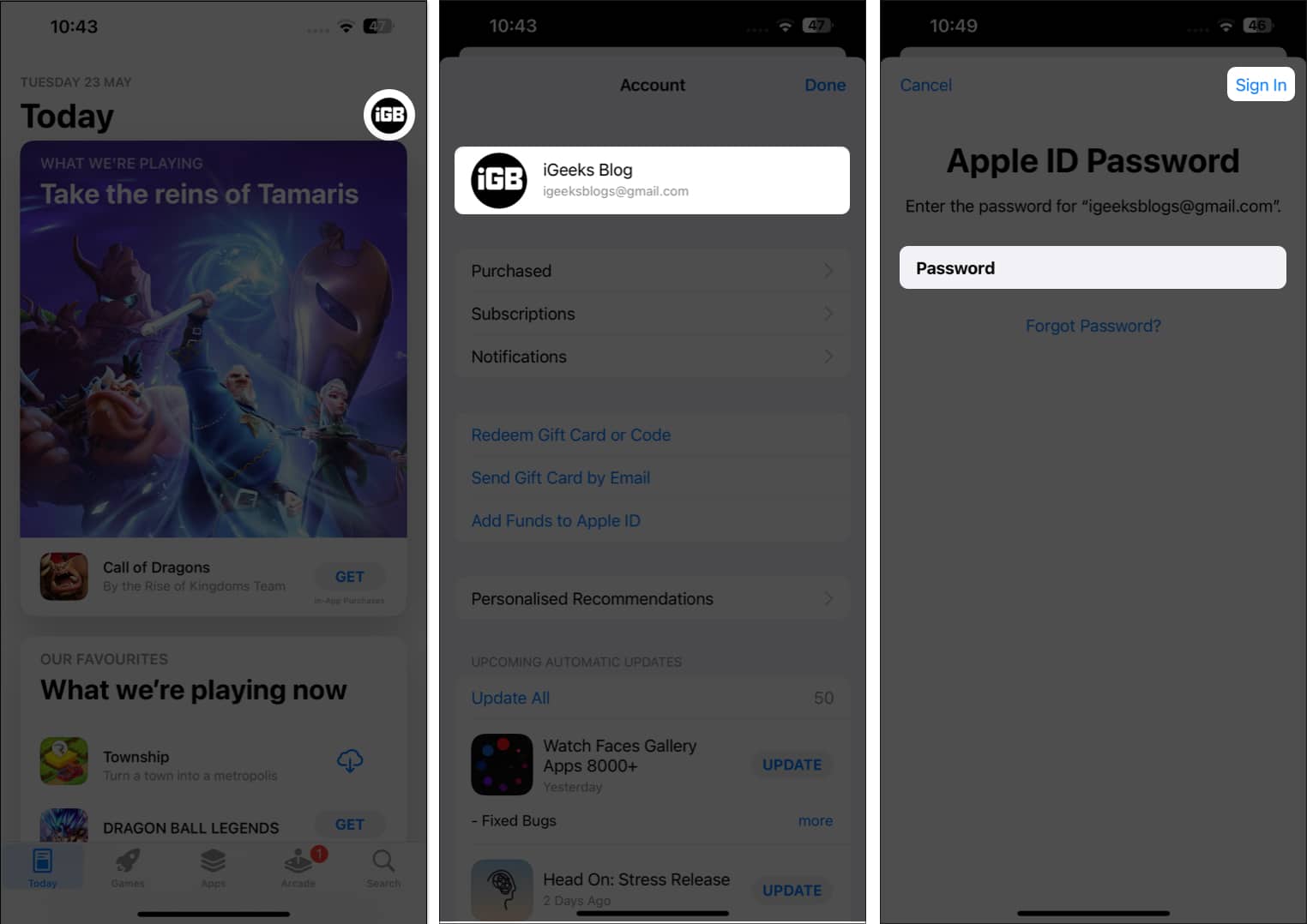 Tap your profile Apple ID enter password sign in App Store