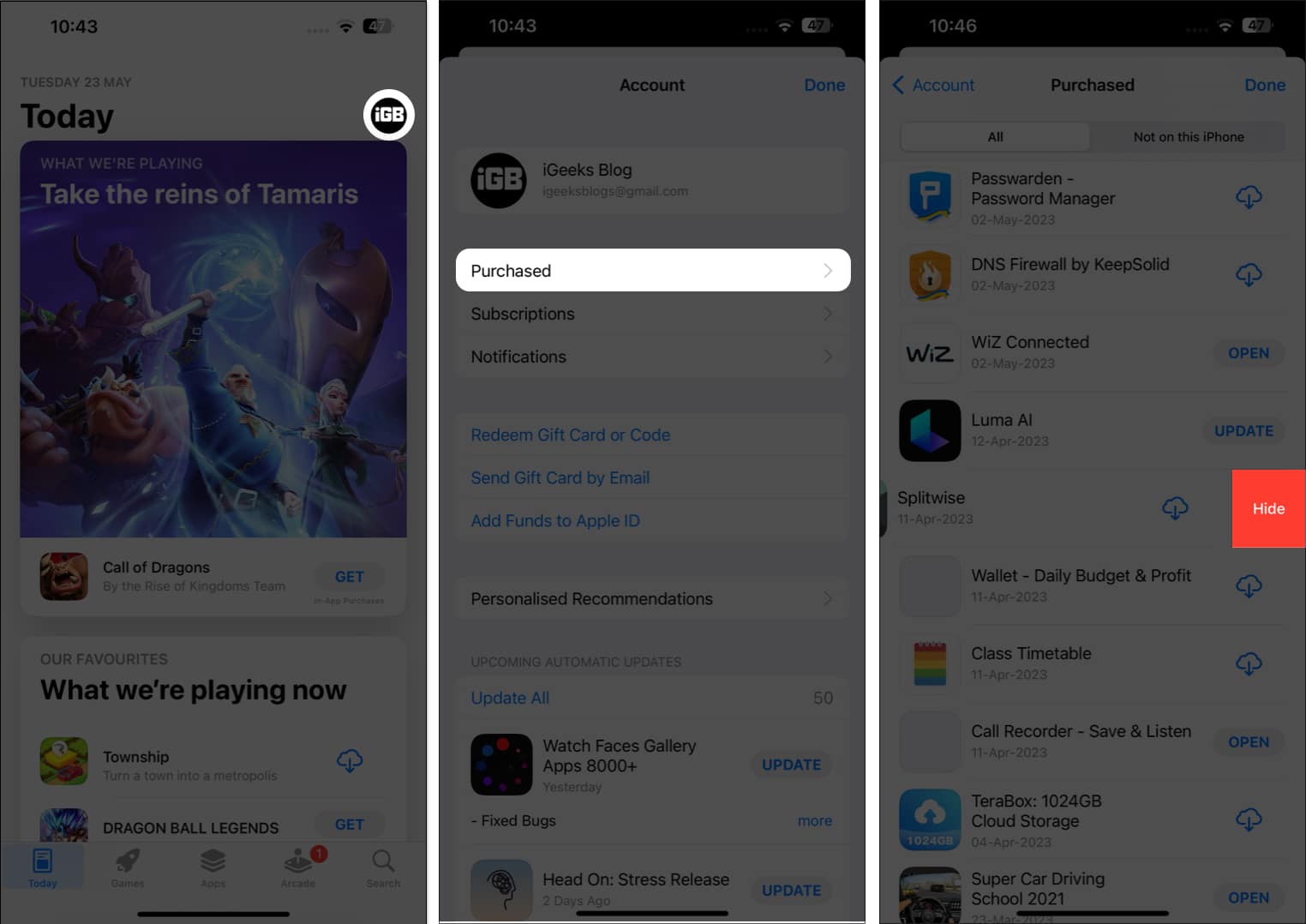 Tap your profile purchased hide in App store