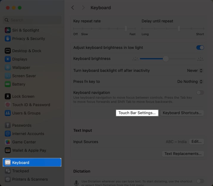 Touch Bar Settings in Keyboard Navigation