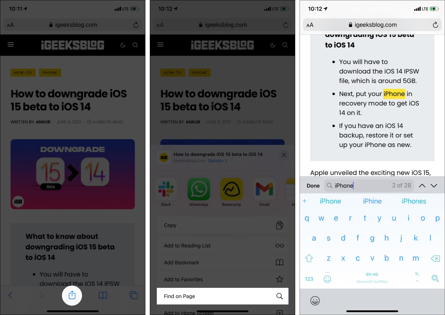 How to search text on iPhone Safari using iOS Share Sheet