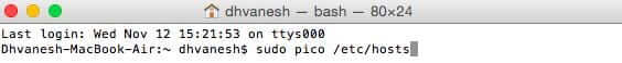 sudo pico etc hosts command in Mac