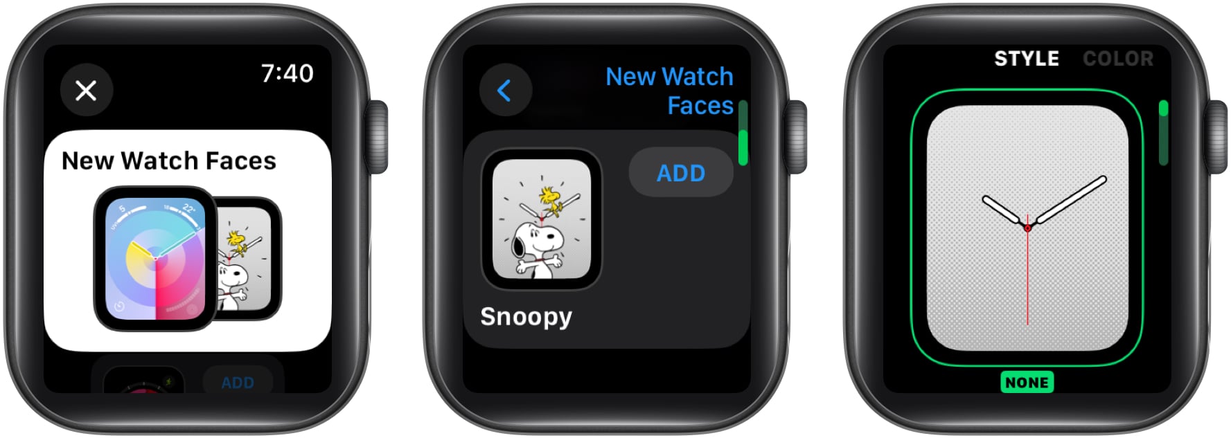 Choose-New-Watch-Faces-scroll-down-and-tap-Add-next-to-the-Snoopy-face-and-customize-the-colors-and-style-by-swiping-left-and-rotating-the-Digital-Crown