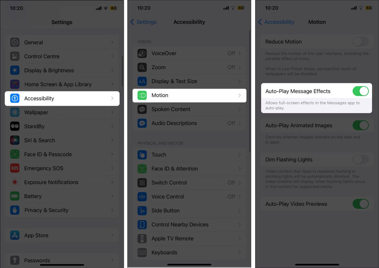 Open Settings Go to Accessibility Tap Motion and Turn on Auto Play Message Effects