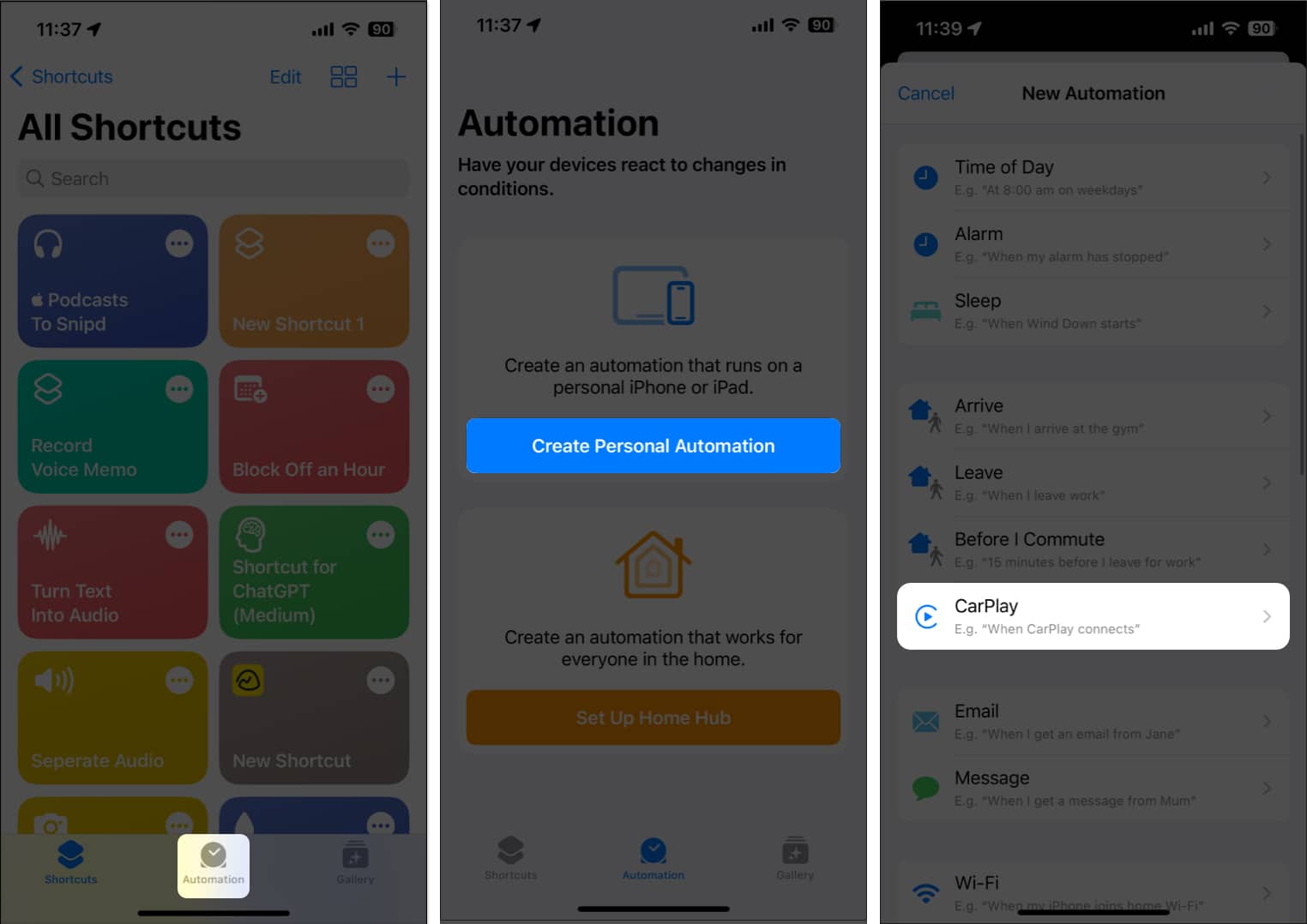 Tap Automation Create New Automation CarPlay in Shortcuts