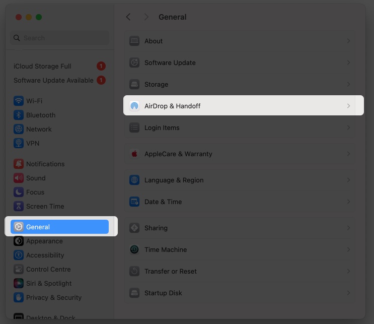 Click AirDrop and Handoff in General on Mac