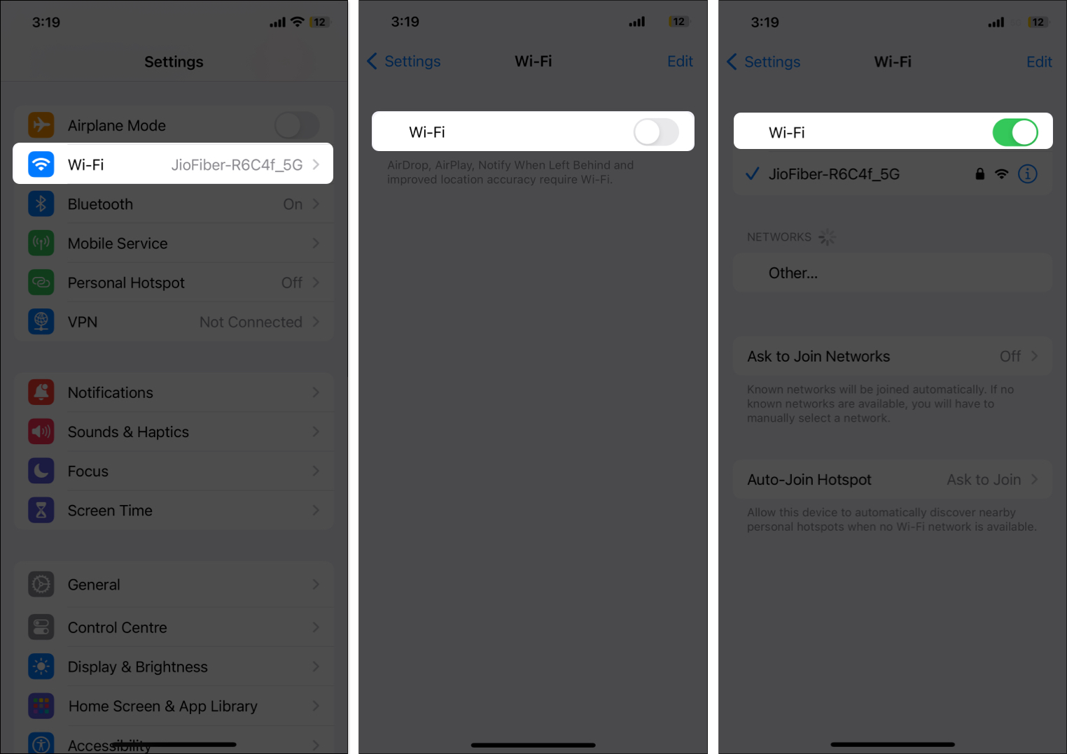 Toggle Wi-Fi off and on again on iPhone
