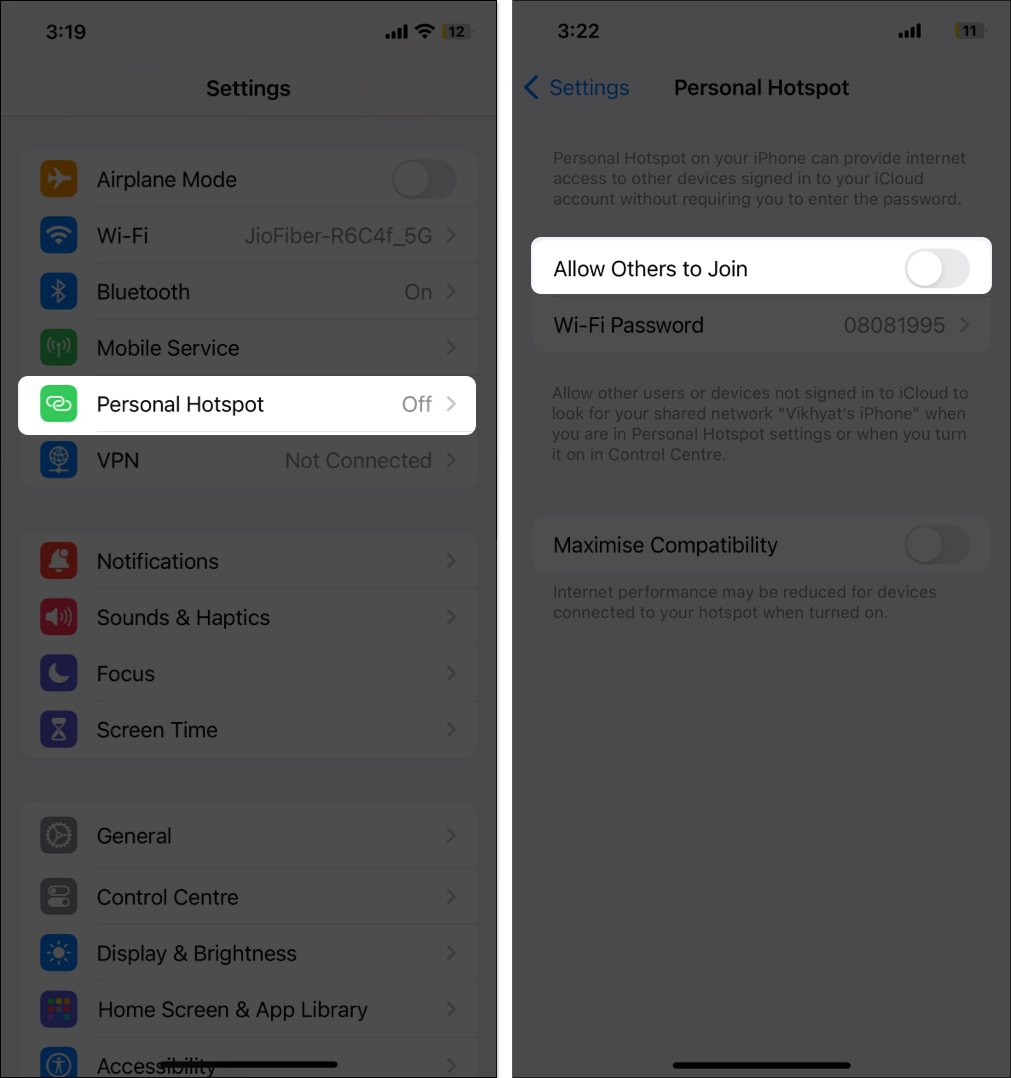 Turn off personal Hotspot on iPhone