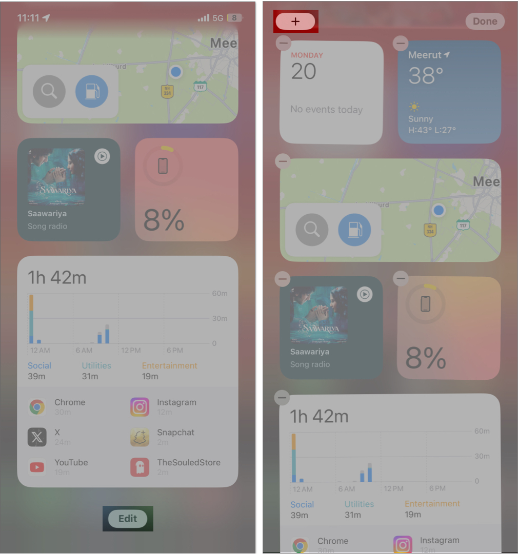 Edit and + button to add widget to Today view