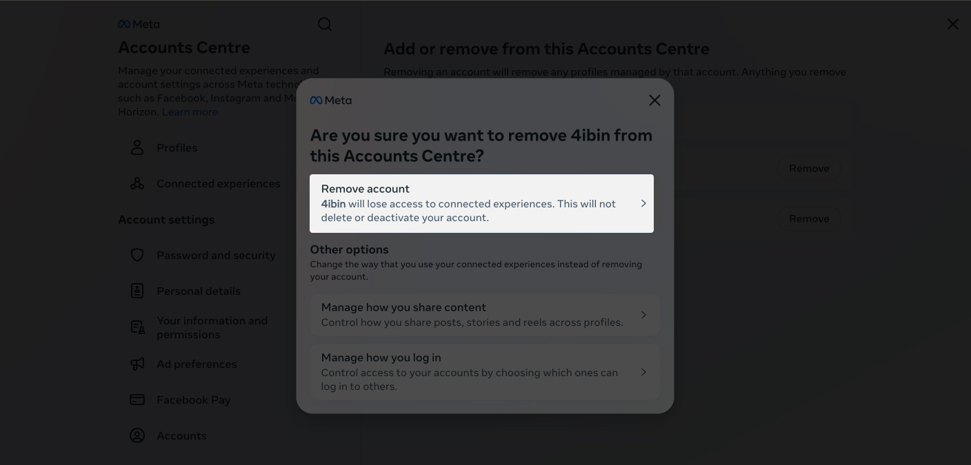 Remove account option on Facebook web