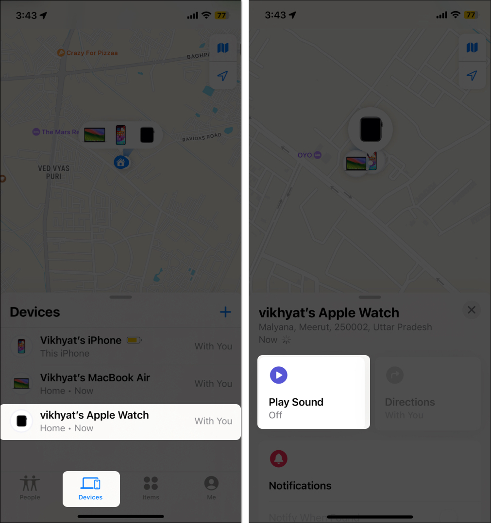 Select Devices, choose your Apple Watch, tap play sound